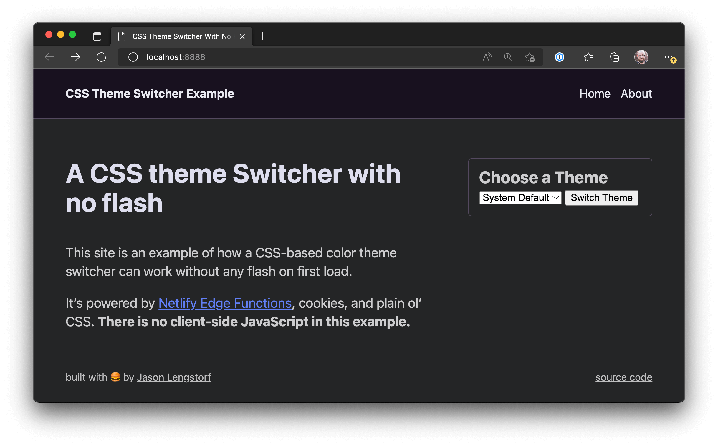 The CSS theme switcher demo running locally