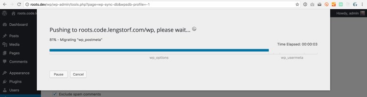 WP Sync DB in progress.