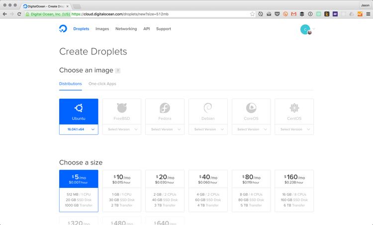 Creating a $5/month DigitalOcean droplet with Ubuntu 16.04.1.