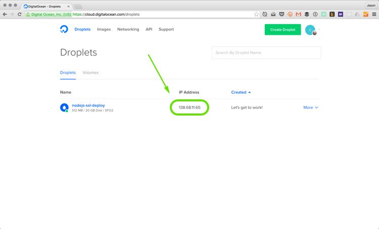 Droplet IP address on the Digital Ocean dashboard.